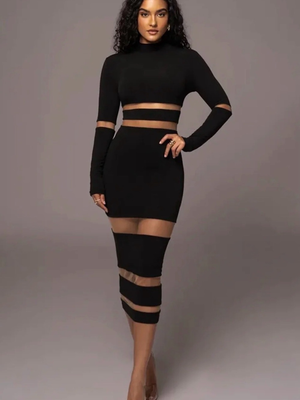 JLUXLABEL Black & Beige Long-Sleeve Sheer-Striped Midi Dress NEW WITH TAGS - Picture 2 of 3